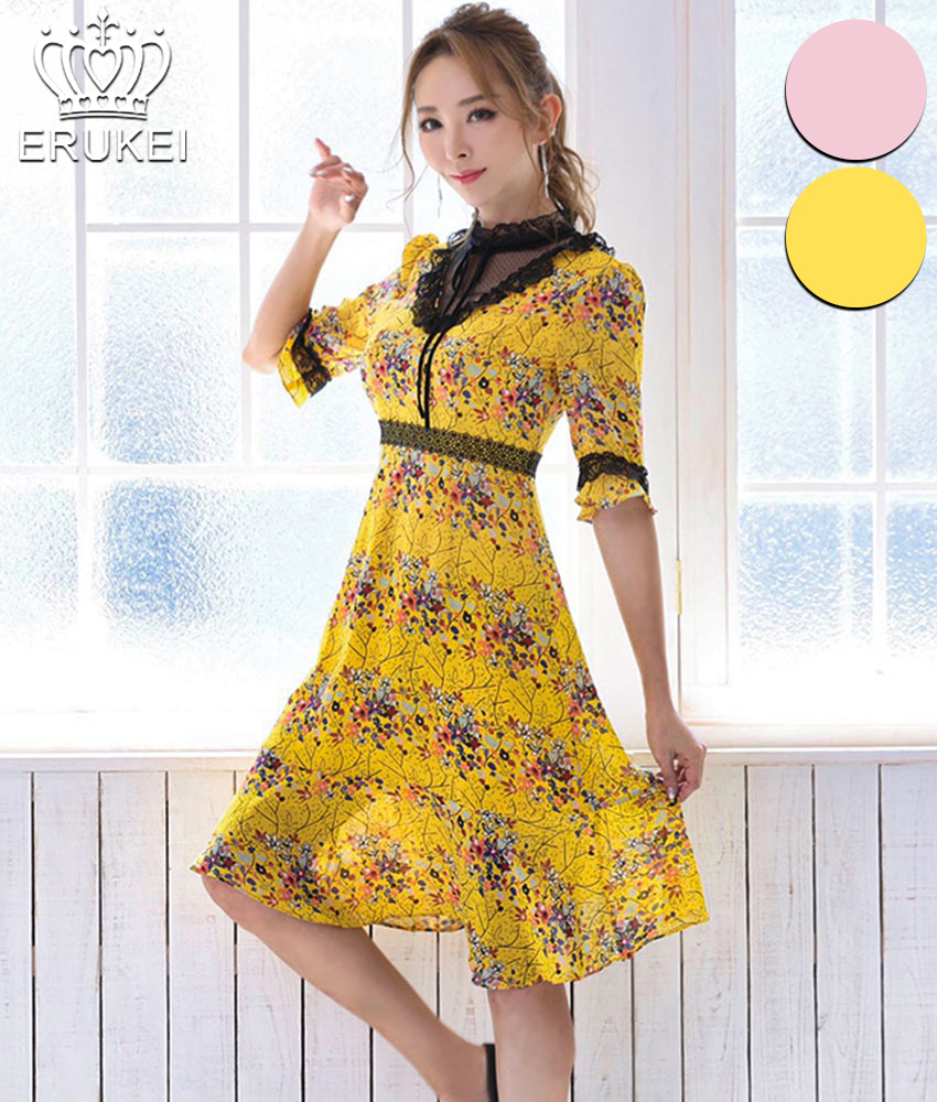 小花柄ブラックレース五分袖Aラインフレアワンピース/山崎みどり