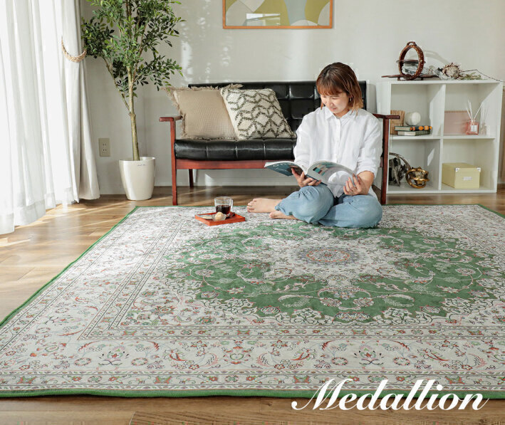 ペルシャ絨毯風ラグ / 洗えるメダリオン柄 190×190cm 正方形| 照明と