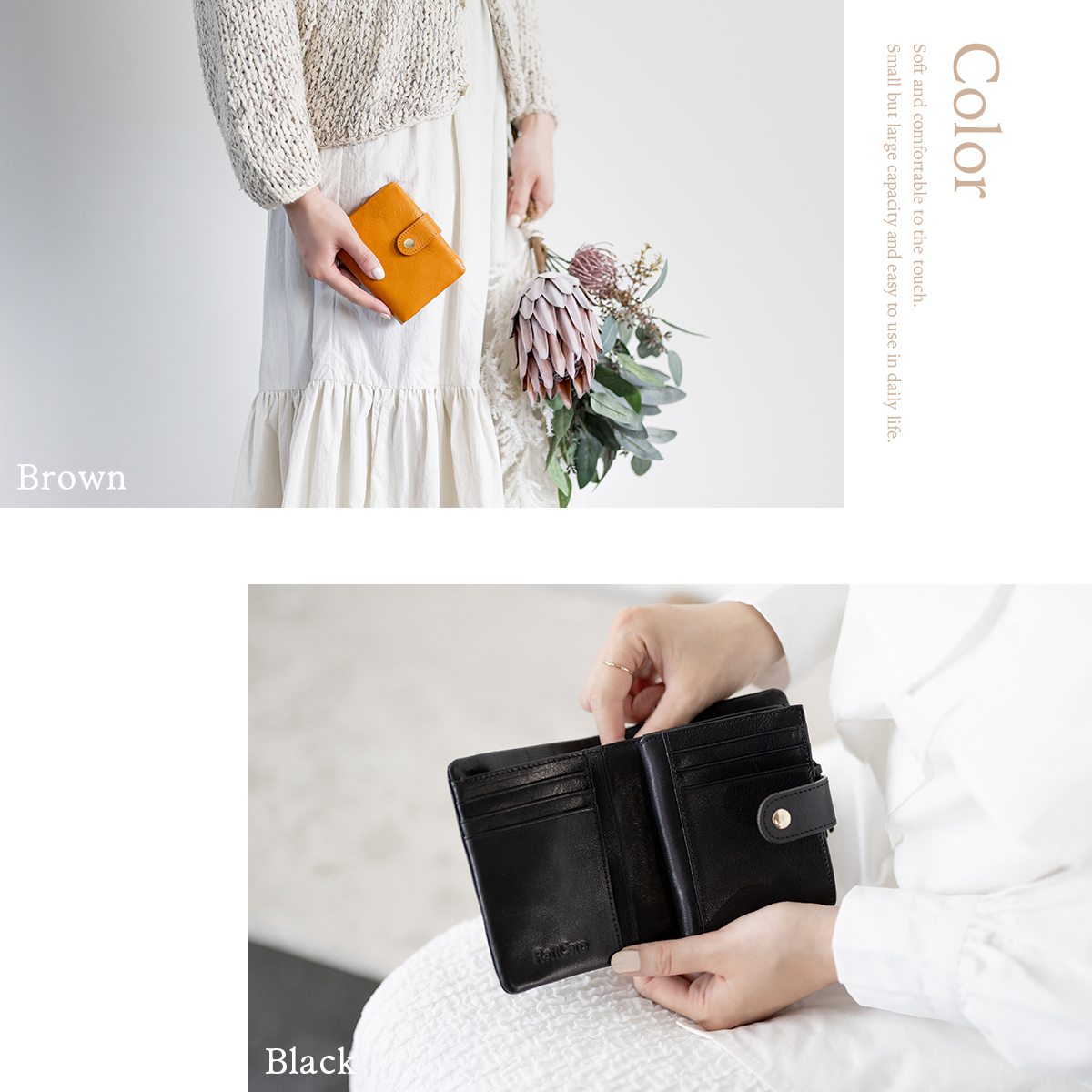 RafiCaro 本革 イタリアンレザー ボタン留め 二つ折り財布 コンパクト