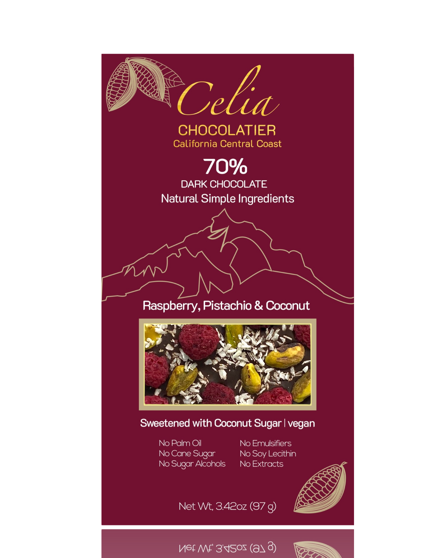 Raspberry, Pistachio, Coconut - 70% Dark Chocolate – Celia Chocolatier
