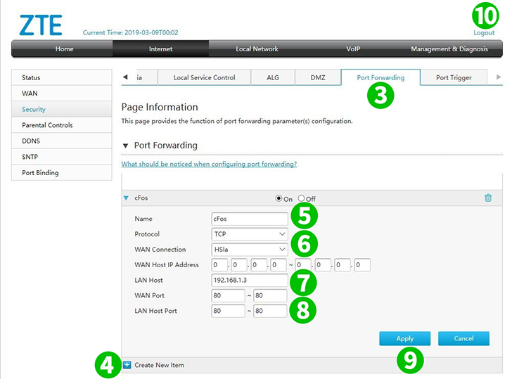 ZTE ZXHN H267A V1 için bağlantı noktası yönlendirmeyi etkinleştir