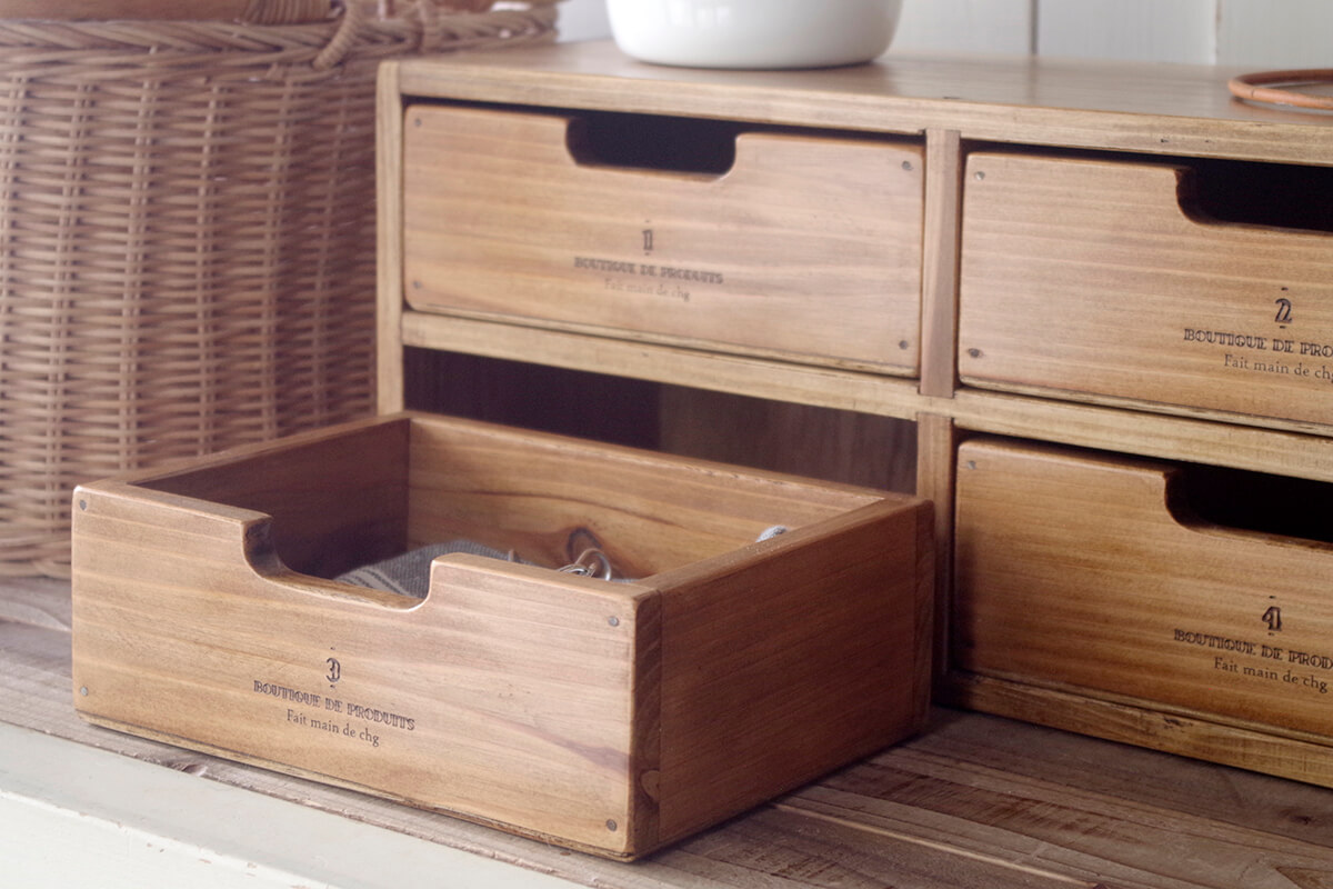 アンティーク風木製4ドロワーボックス｜手作りの木製小引出し｜通販