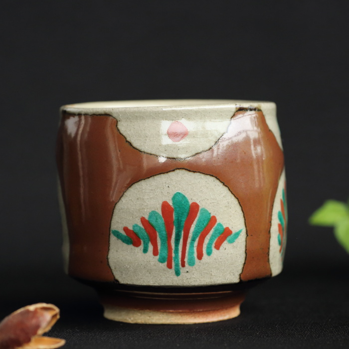 濱田友緒 柿釉赤絵湯呑 満容量350ml 登り窯焼成 益子焼茶器 作家ものカップ