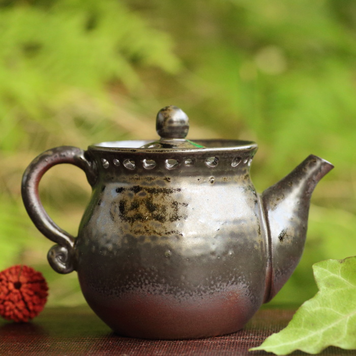 藤井一休 窯変だるま型透かし彫り後手急須小 満容量120ml 物故作家