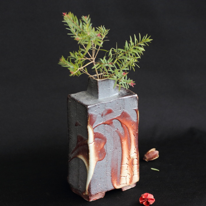 松崎健 窯変曹達扁壺 穴窯焼成陶花器 花入れ 作家もの益子焼 共箱 花瓶