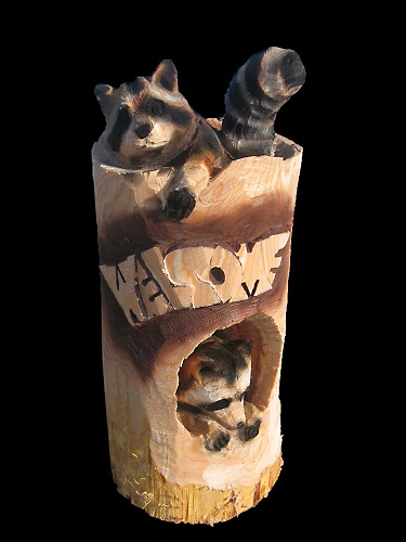 アライグマ、レッサーパンダ、コアラの木彫刻 チェンソーアート・ジャパン