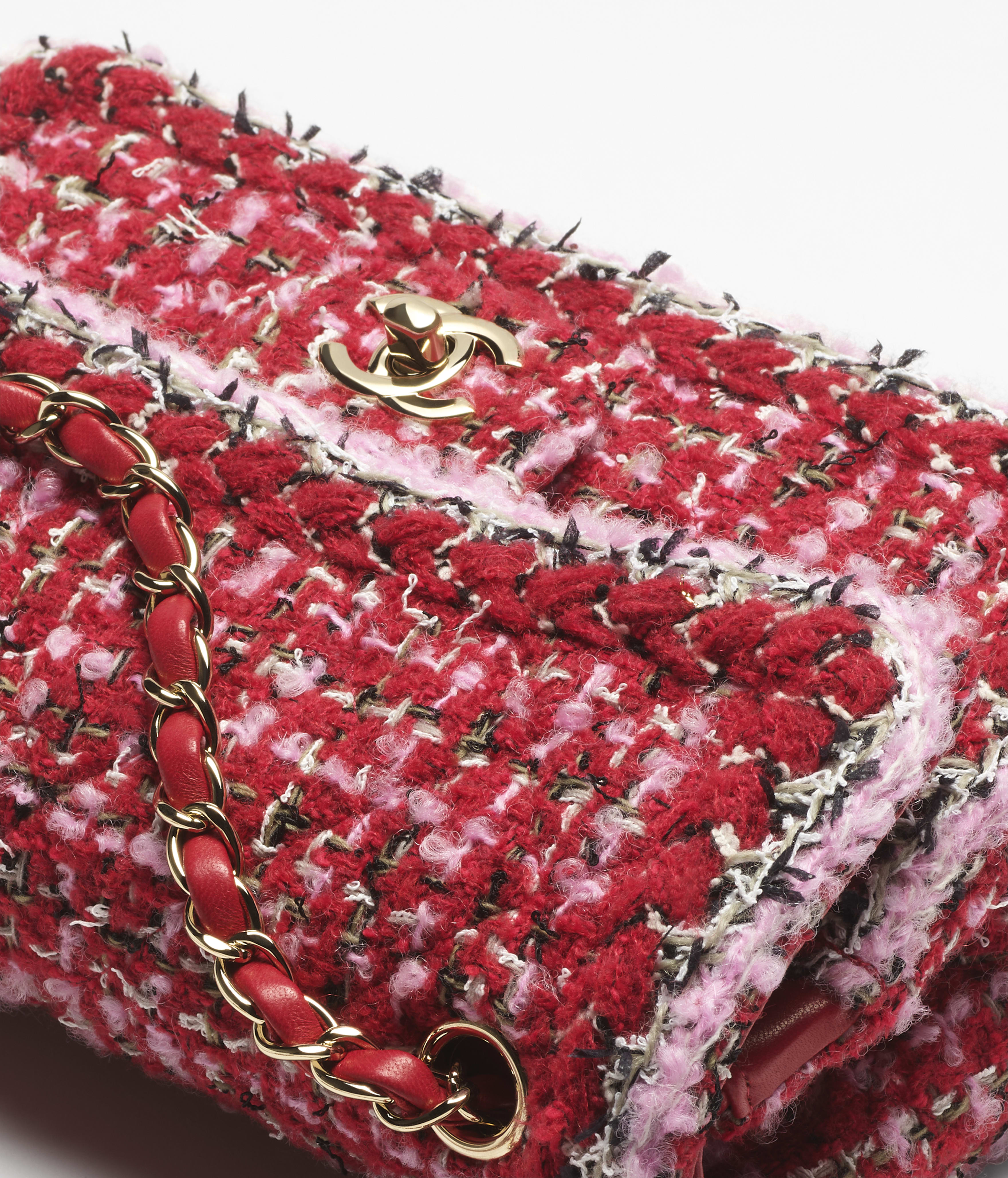 クラシック スモール ハンドバッグ、ツイード、レッド、ピンク