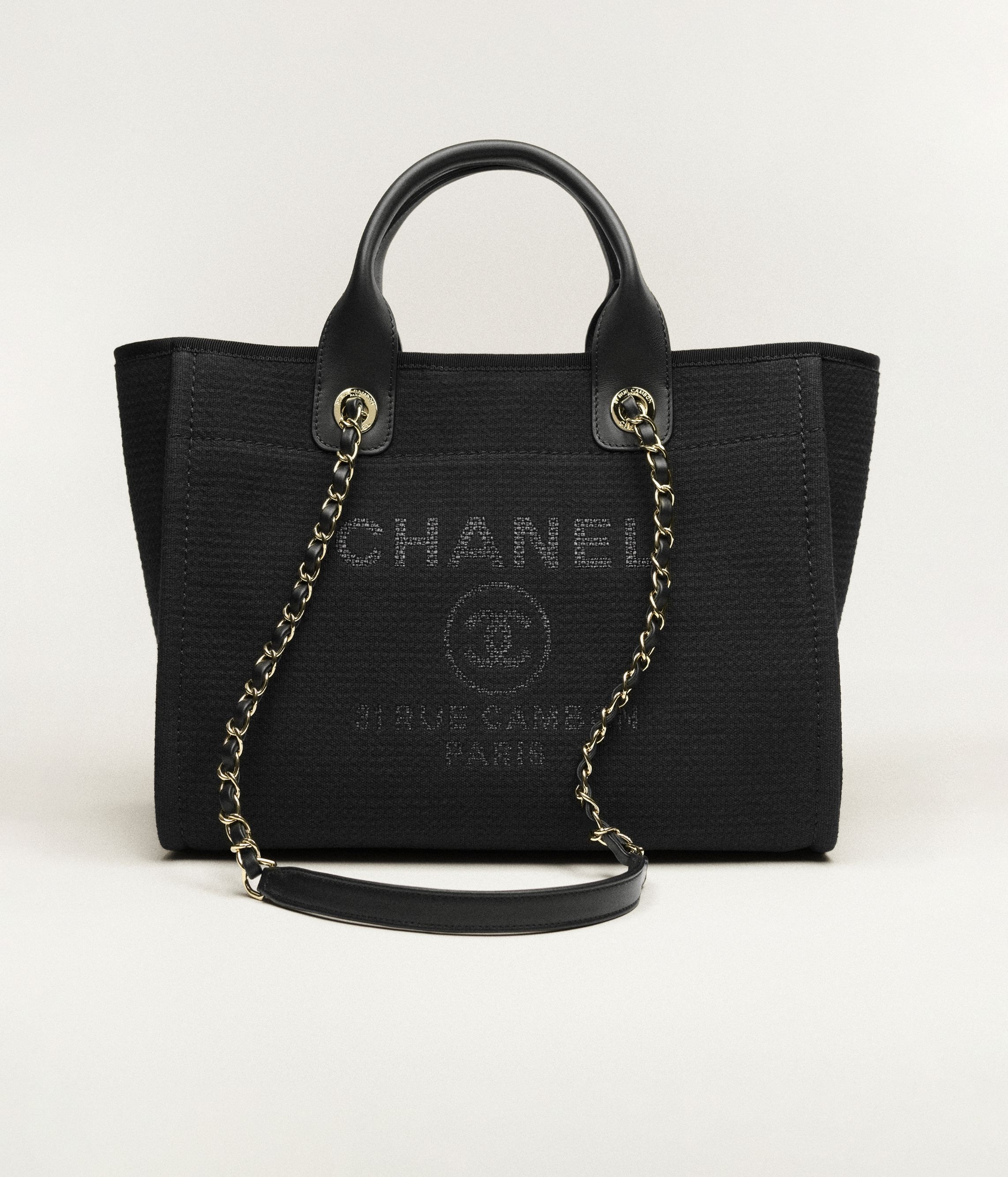 Shopping bag, Canvas & gold-tone metal, black — Fashion | CHANEL