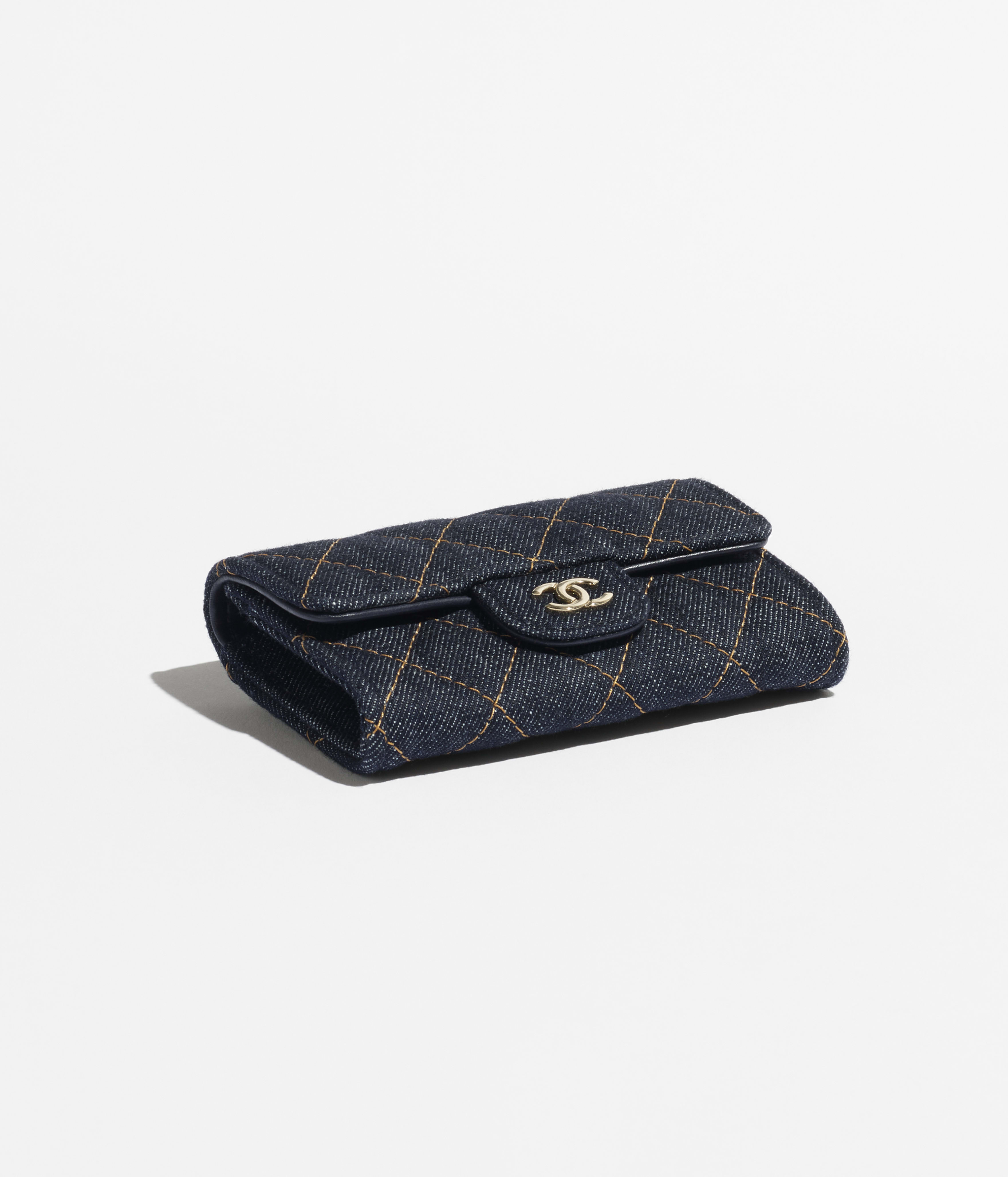 Classic card holder - Denim & gold-tone metal, dark blue & orange
