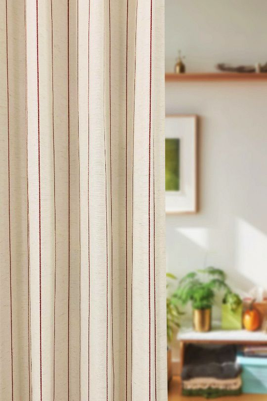 13690|ライトベージュ＆赤ストライプのドレープカーテン - 首都圏最大