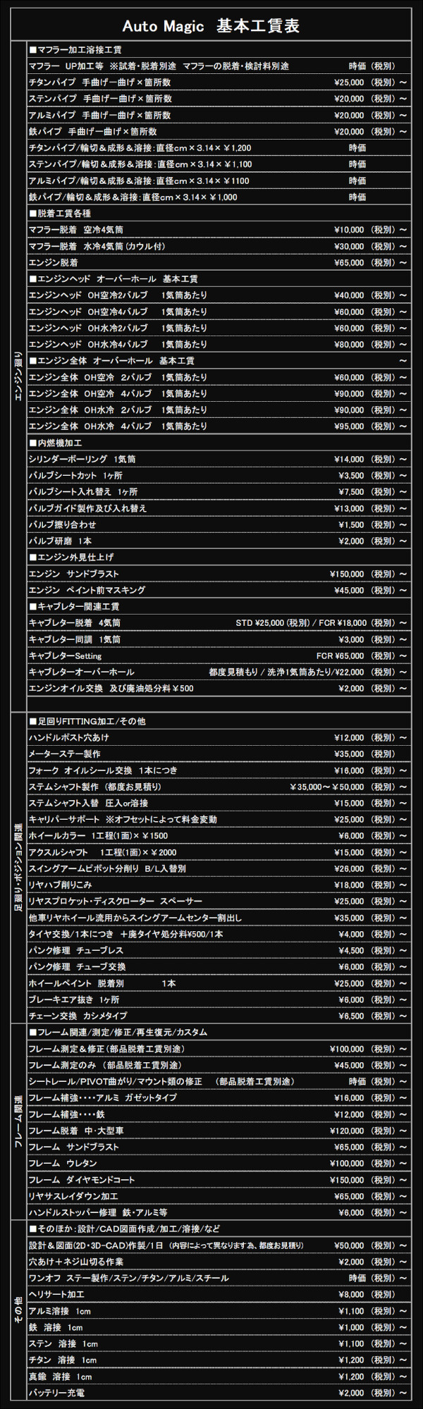Auto Magic 基本工賃表 | オートマジック
