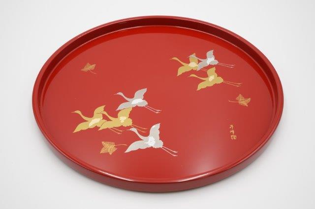 天野漆器株式会社 | 100丸盆 蒔絵 鶴 朱