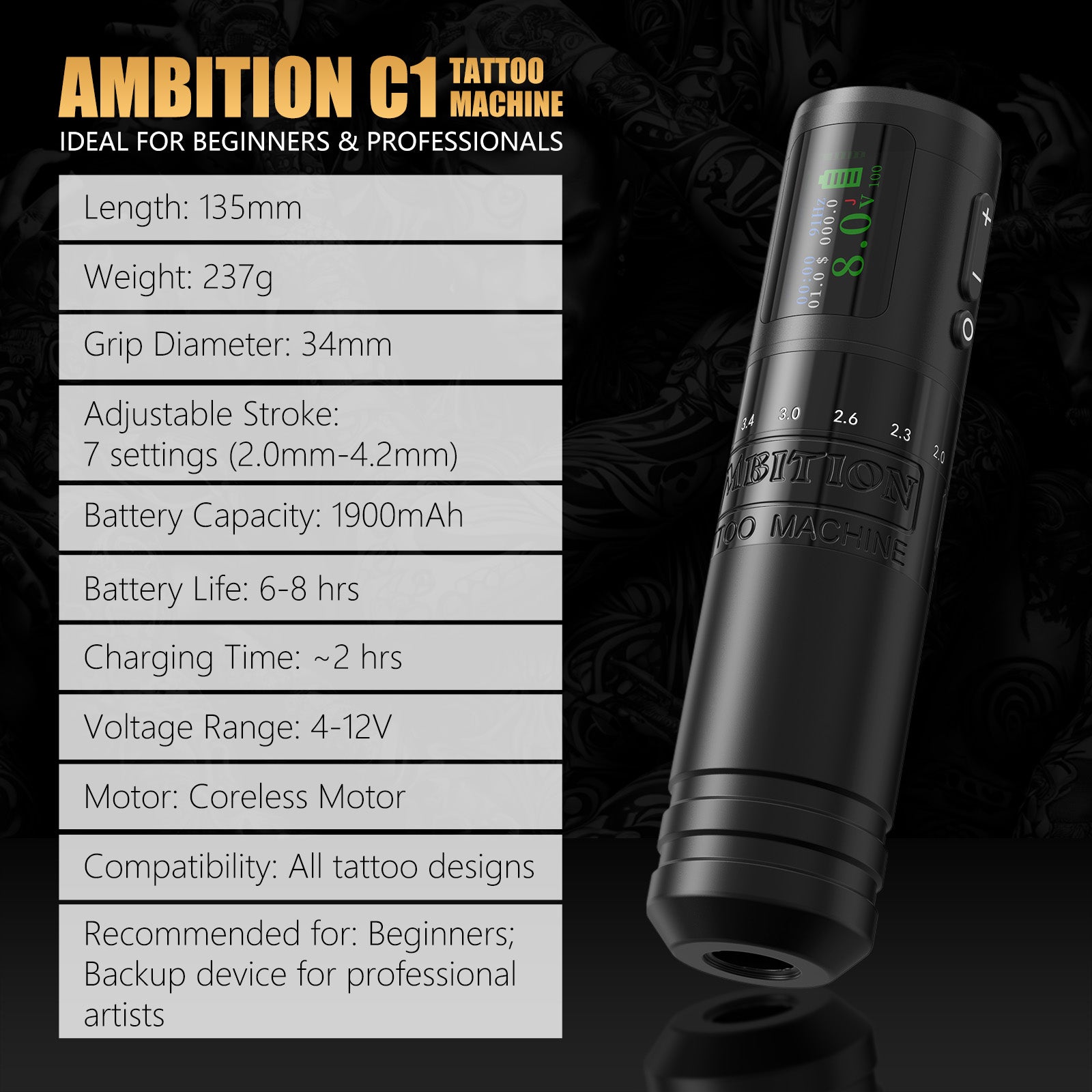 Ambition C1 Adjustable 7 Strokes 2.0-4.2mm Wireless Tattoo Machine