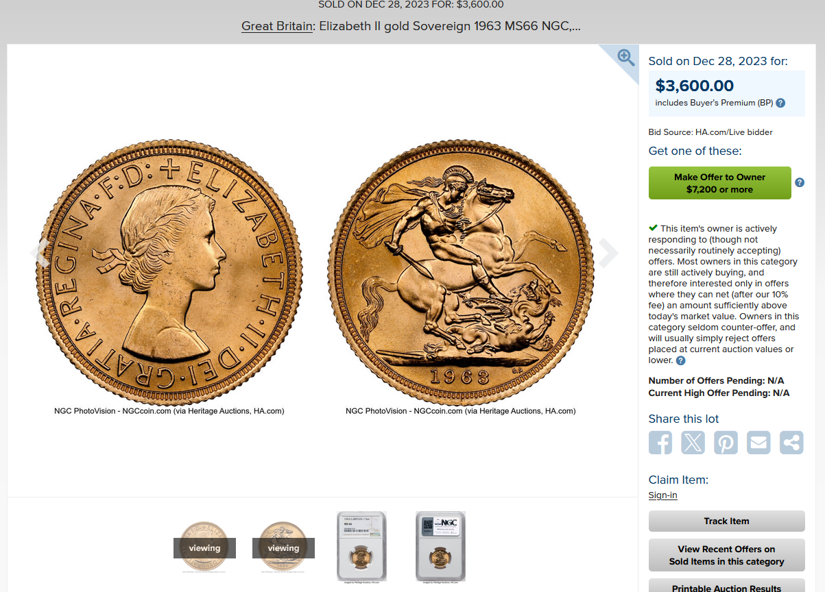 イギリス｜1965年エリザベス2世（ヤングヤング）ソブリン金貨【MS66