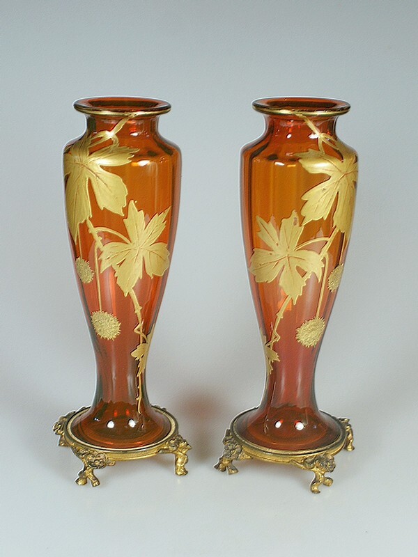 BACCARAT】バカラ プラタナス文金彩朱色花瓶一対 - アンティック 姉妹社