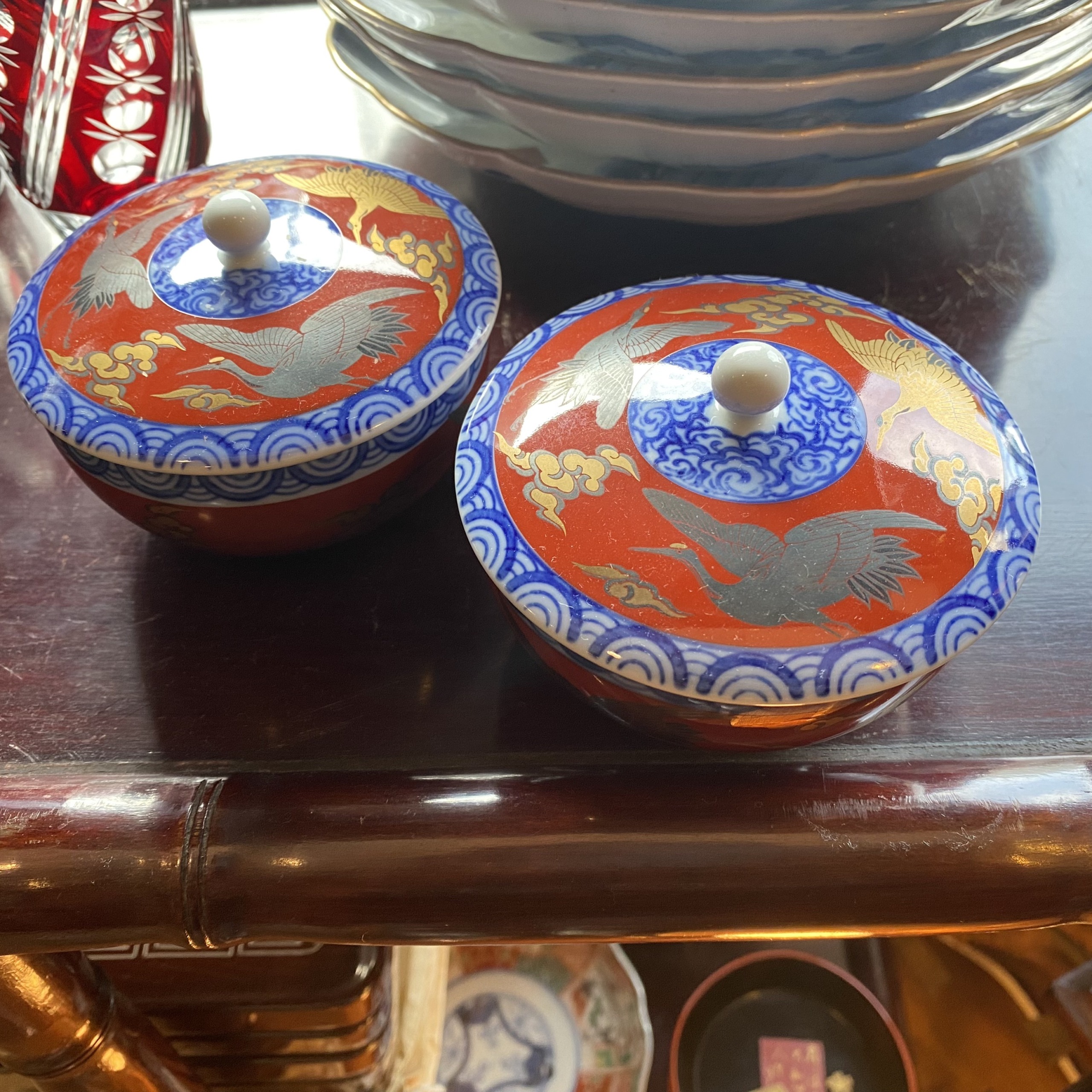 深川製 蓋付湯呑 2pセット 鶴、金雲 | Antique Nanae