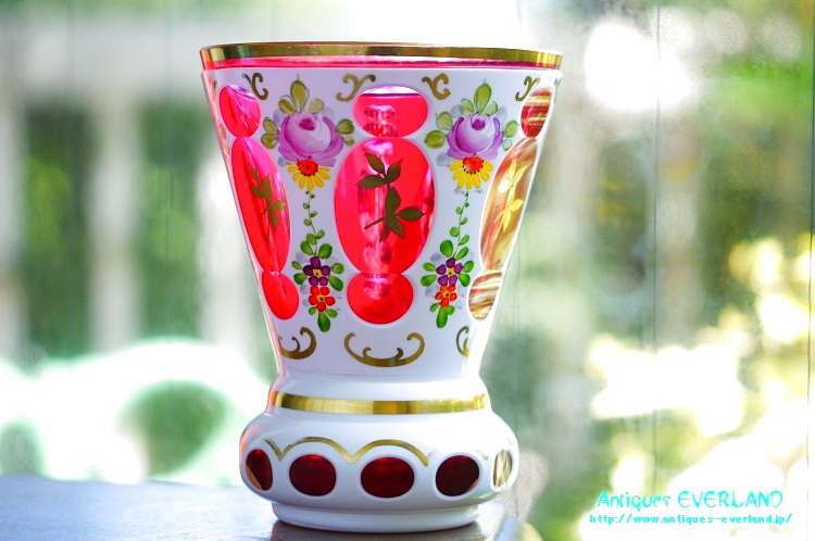 ボヘミアン 色被せ オーバーレイ クランベリー ガラス ベース 花瓶 花器