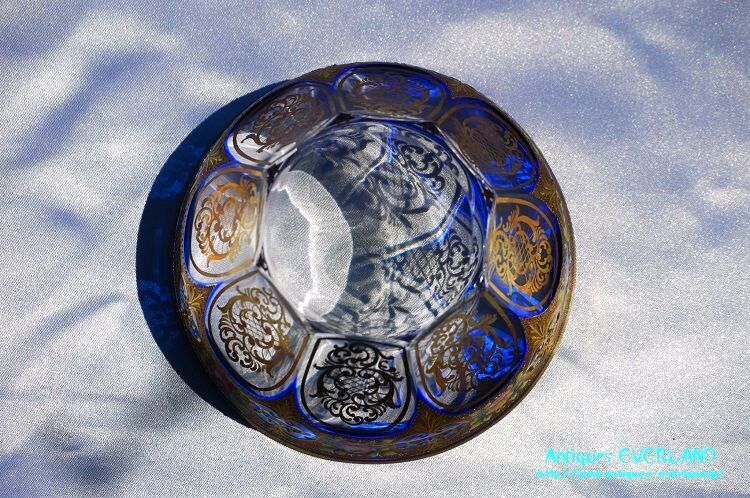 ボヘミアン 色被せ オーバーレイ 金彩 エナメル コバルトブルー ガラス