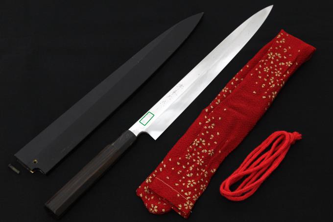 柳刃包丁 尺 本焼 青鋼 鏡面 水牛黒檀八角柄 名入 黒塗鞘・包丁袋付