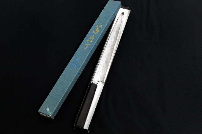 特製 柳刃包丁 尺一 霞 本鍛錬 青二鋼 水牛黒檀八角柄 箱付 【O334
