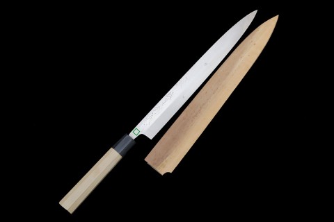 柳刃包丁 尺 本焼 青鋼 鏡面 水牛黒檀八角柄 名入 黒塗鞘・包丁袋付