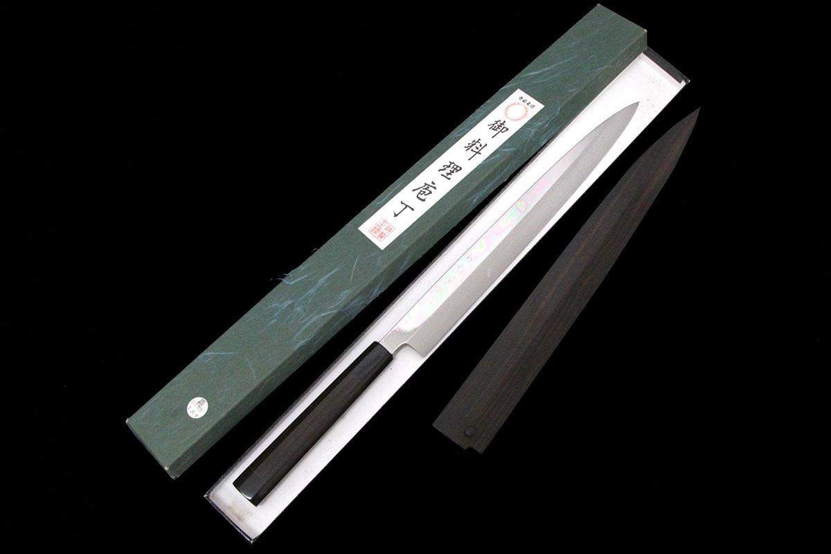 柳刃包丁 本焼 一尺 平鏡面 黒檀柄 黒檀鞘・箱付 KN02-A10294-2L2B