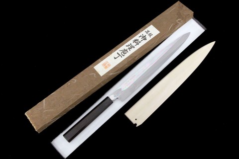 玄海正國 柳刃包丁 尺 本焼 平鏡面 水牛黒檀八角柄 梅彫刻入黒檀鞘 切