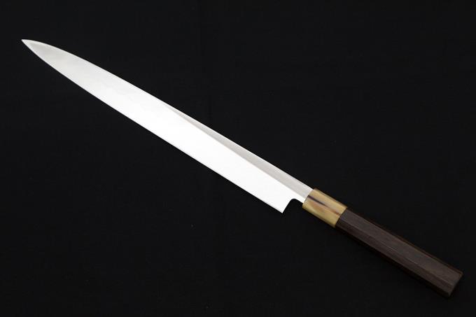 柳刃包丁 尺一 本焼 刃先鏡面 水牛黒檀八角柄 塗り鞘・箱付 【O170