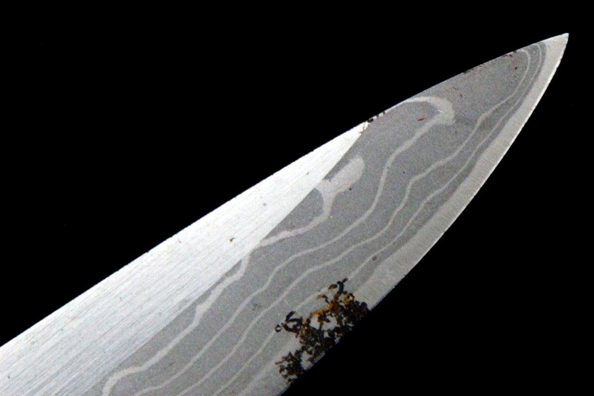 和式ナイフ 刃渡り120mm 赤備1 白紙多層鋼 鮫皮柄 鞘・外箱付 λA5639