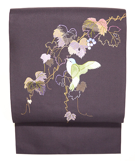 山葡萄に青い鳥の刺繍名古屋帯