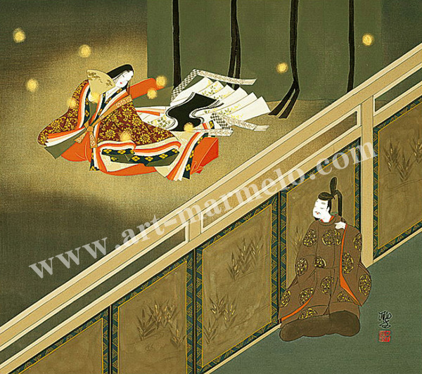 東聖観「夏の夜の戯れ」 源氏物語の色紙アートプリントの額装