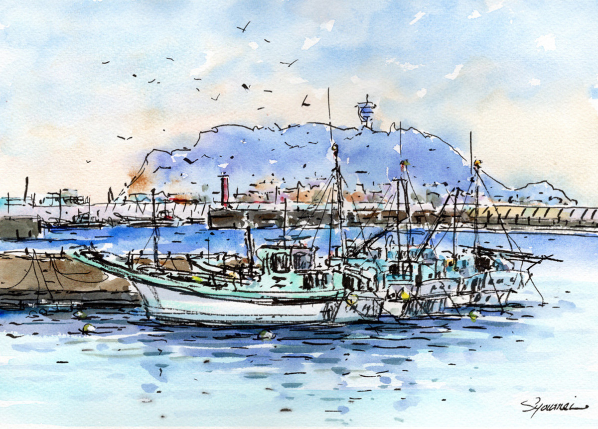 水彩画原画 江の島と江ノ電鎌倉高校前踏切風景 #623」 by syoumei