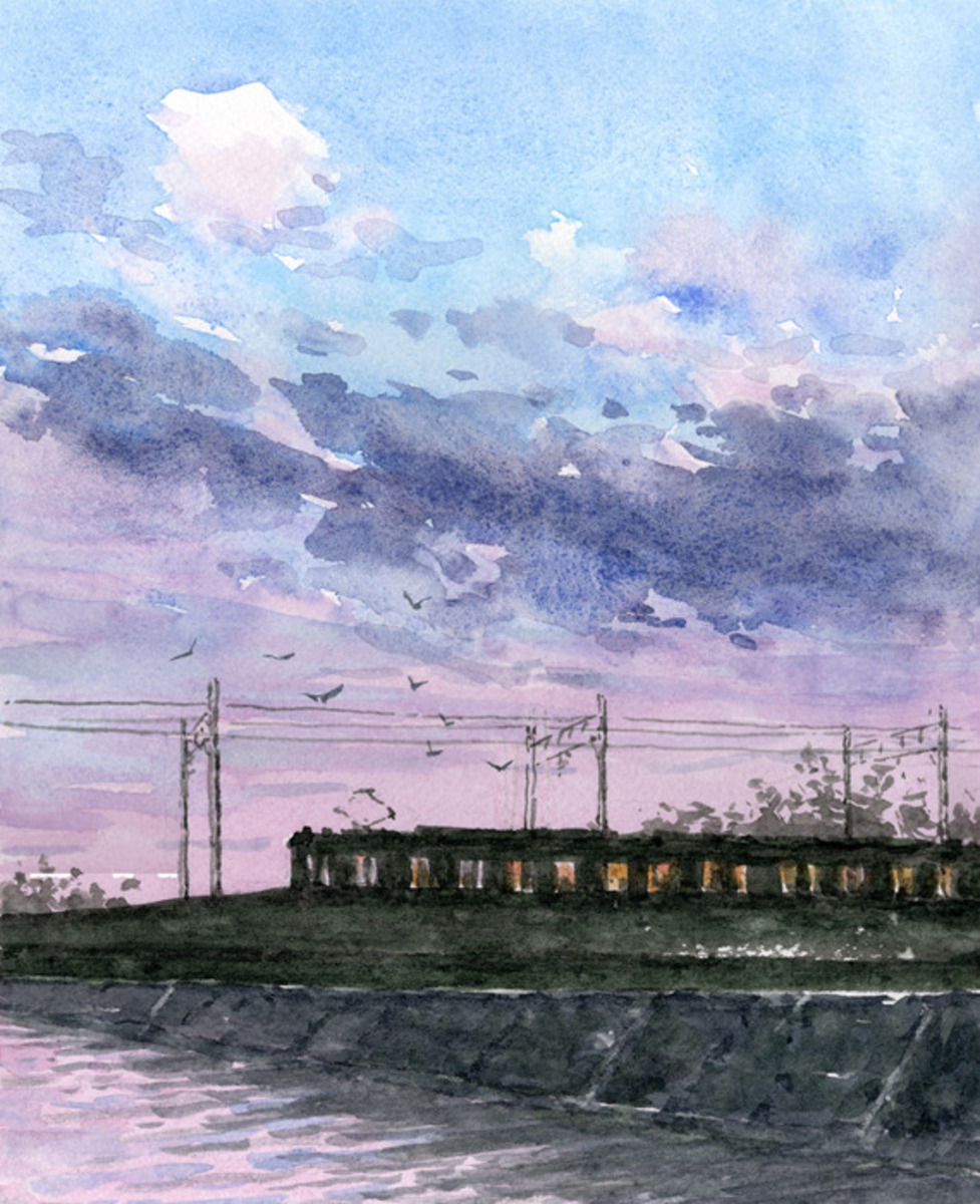 水彩画原画 江ノ電・夕暮れの境川を渡る #646」 by syoumei｜Artmeter
