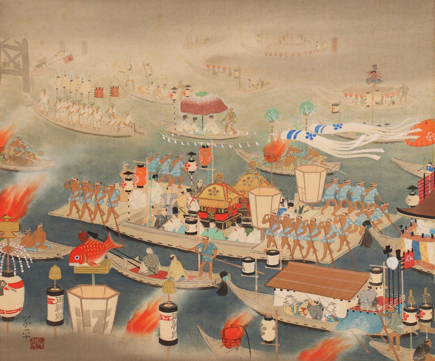 掛軸紹介 天神祭 船渡御図 夏季風俗画 | 掛け軸や骨董品の販売・買取