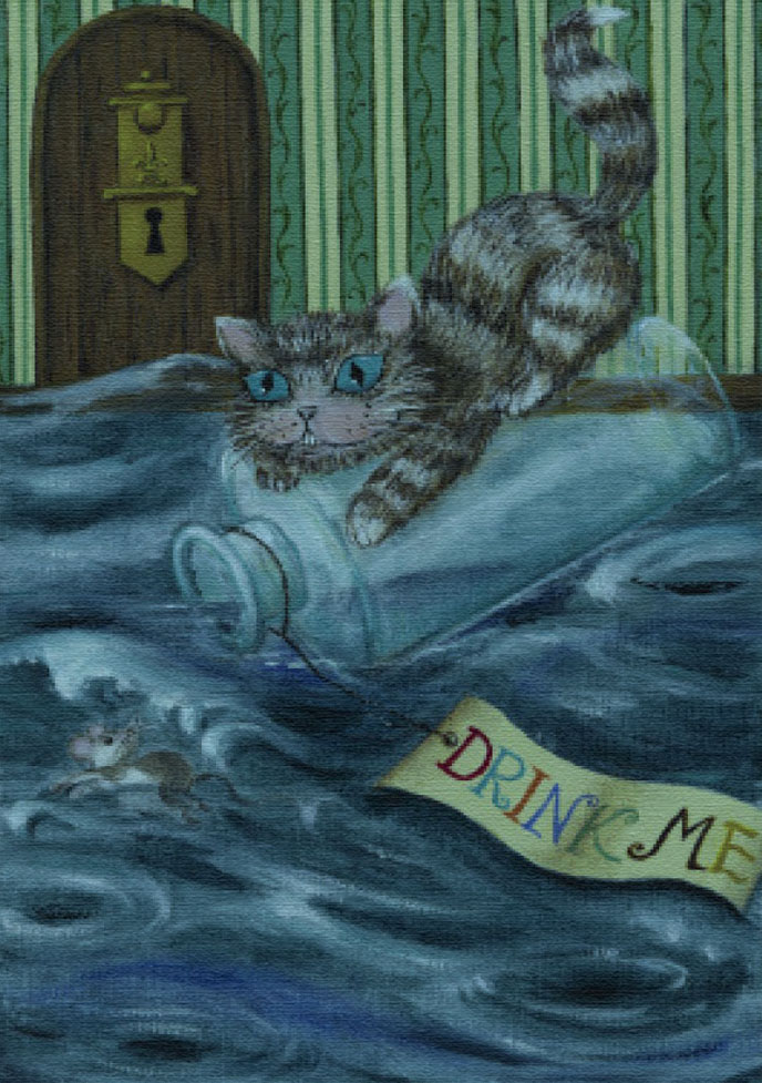 堀千里 絵画 (版画/キャンバスジクレー) 小瓶の上のチェシャ猫 7961