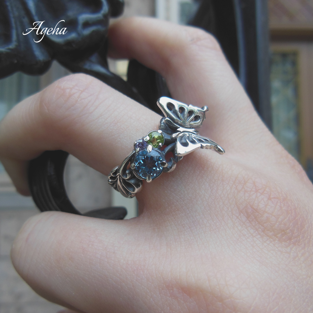 アゲハ 蝶 植物モチーフ 3つの宝石 シルバー925 リング 指輪【Ageha