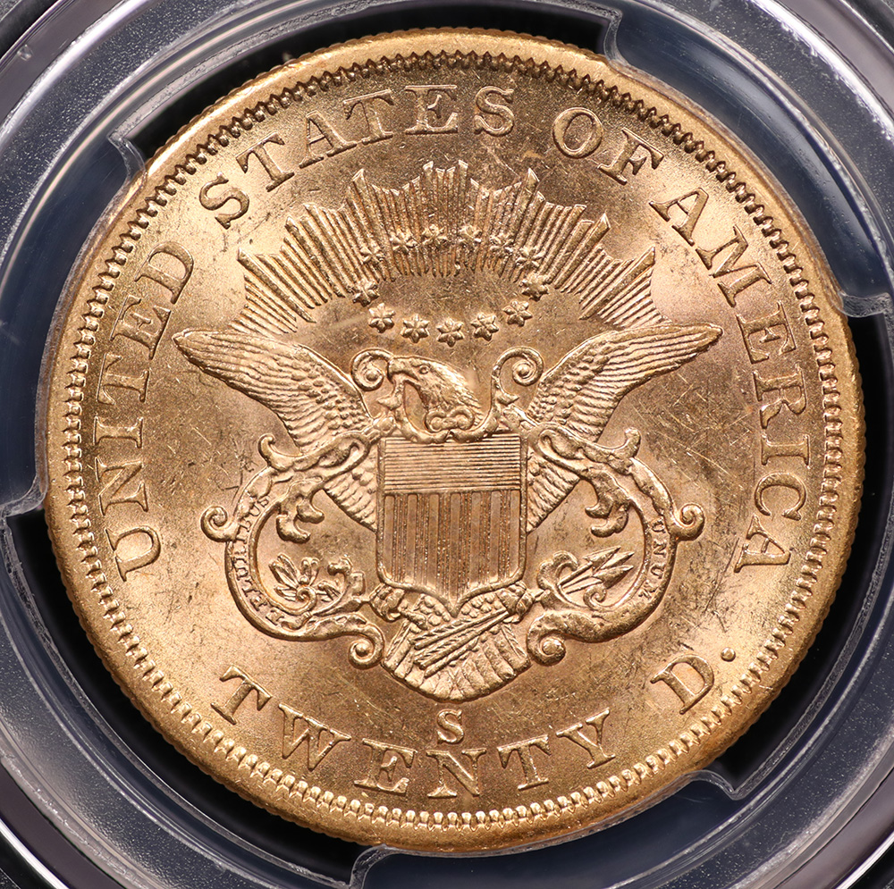 1856-S $20 Liberty Head Double Eagle – PCGS AU58 “Full Serif, Bold