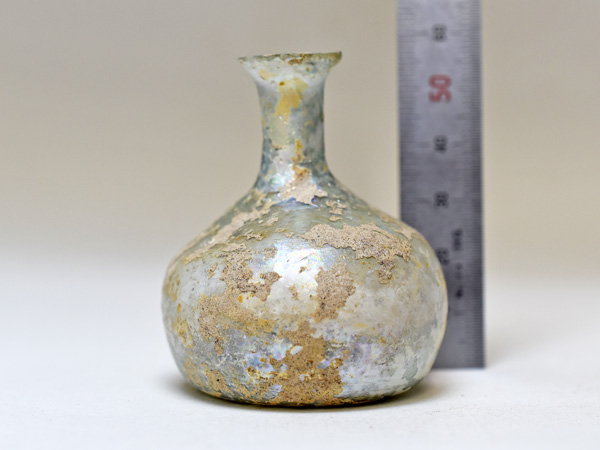2507】古代ローマングラス美銀化極薄長頸ふっくら小瓶 ボトル(高さ約