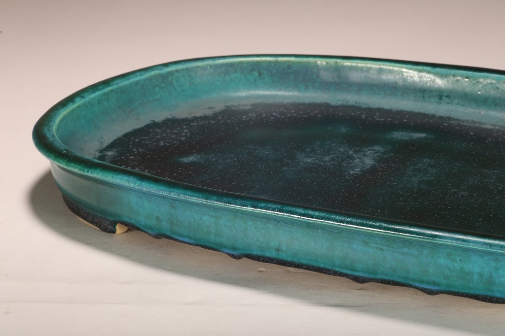 鴻陽作 緑釉外縁楕円水盤 | 雨竹亭オンラインショップ