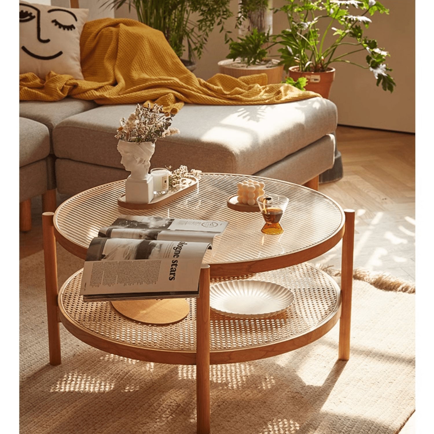 ラタンデザインの丸いセンターテーブル 圧迫感がないガラス天板- yw-169