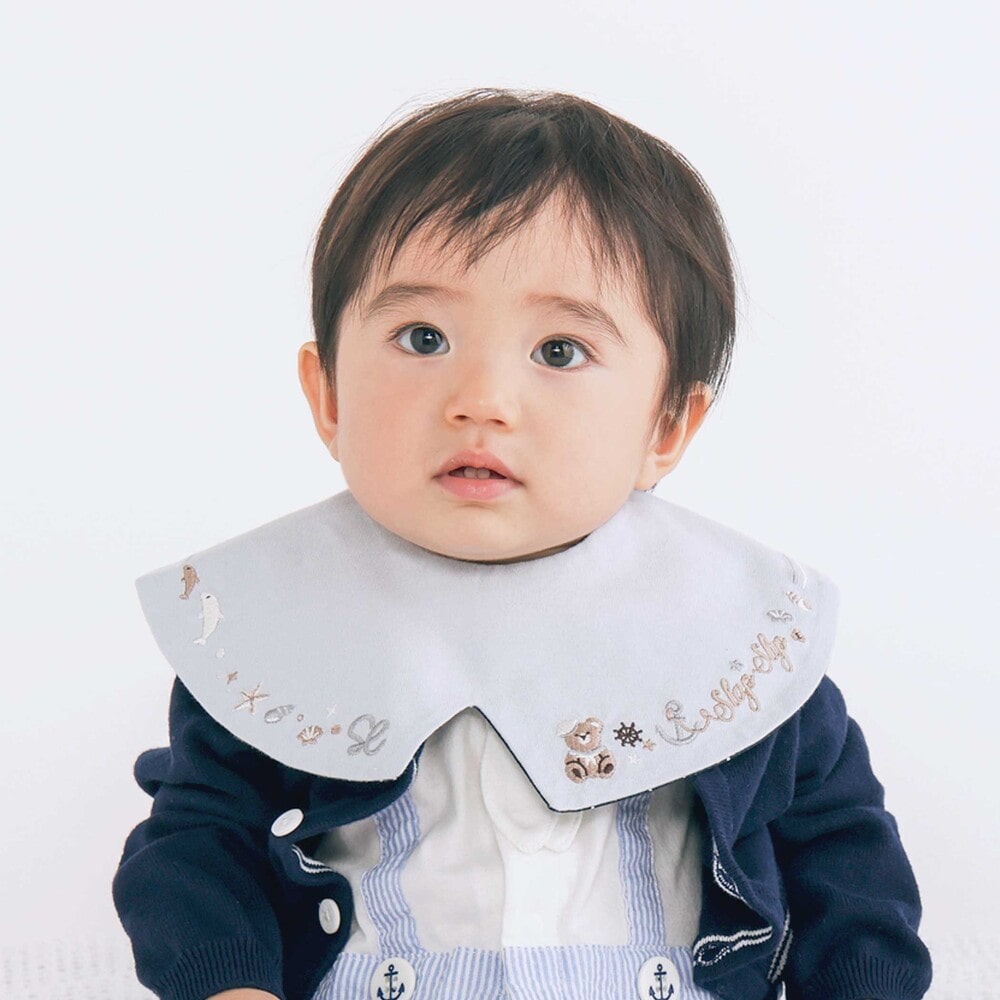 お揃い】つけ襟風リバーシブルスタイベビー(ﾜﾝｻｲｽﾞ ブルー(クマ×マリン