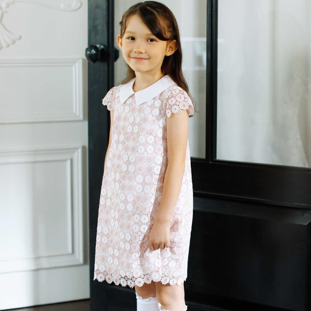 日本製】フラワーレース襟付きAラインワンピース(90~130cm)(90cm