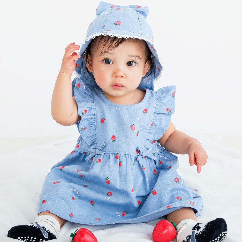 お揃い/UVカット】イチゴ柄プリントリボン付きハットベビー(46~48cm