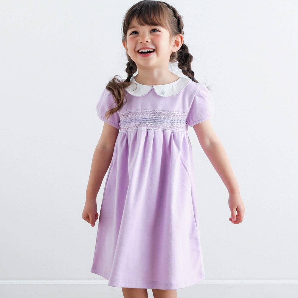 襟付きハートスモッキング半袖ワンピース(80~130cm)(80cm パープル