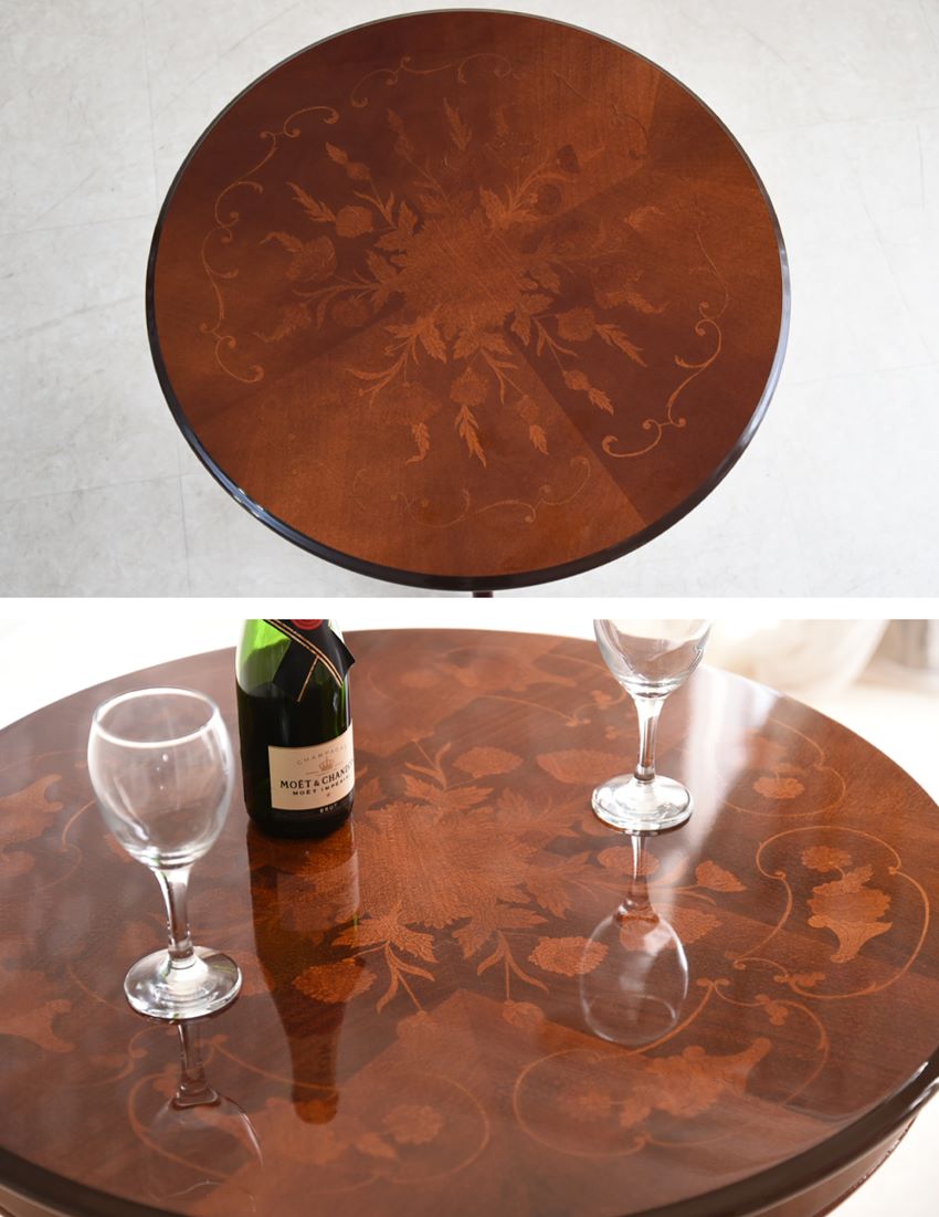 イタリア製 象嵌 ラウンドテーブル ブラウン 幅70cm | ロココ調家具