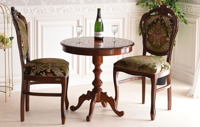 イタリア製 象嵌 円形 ダイニングセット3P 2人掛け 金華山グリーン