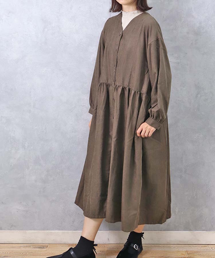 コーデュロイ前開きVネックワンピース ワンピース 長袖 長袖ワンピース
