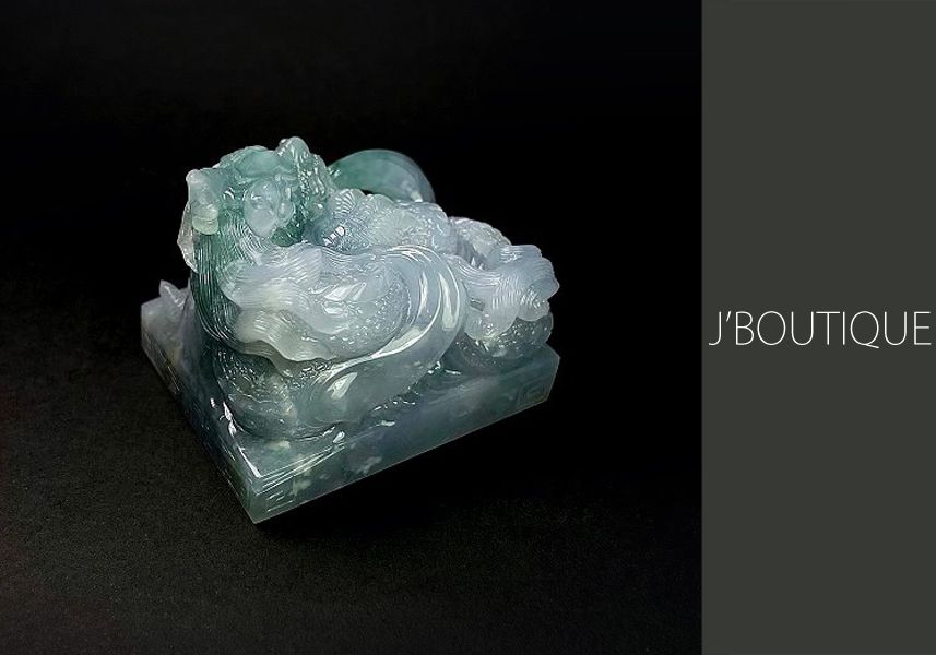 ミャンマー産天然無処理翡翠 ドラゴン 龍 玉璽 インテリア ホワイト 薄