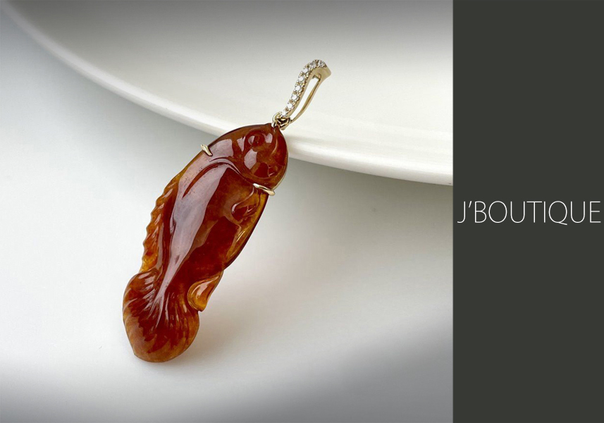 ミャンマー産天然無処理翡翠 金魚 吉祥 ジュエリー ペンダント 紅翡 冰