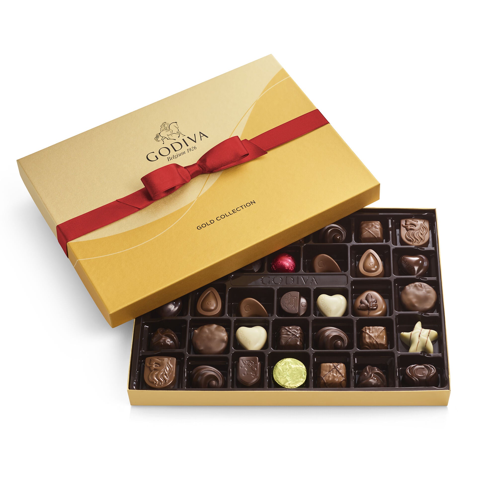 Assorted Chocolate Gold Gift Box, Red Ribbon, 36pc. | GODIVA